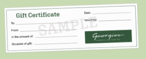 Gift certificate for Georgies Ceramic & Clay Company on a light green background, featuring spaces for details and the company logo.