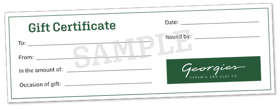 Gift certificate sample from Georgies Ceramic & Clay Co. with fields for recipient, sender, amount, and occasion.