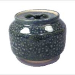 Dark blue speckled pottery jar with a rounded body and an open top, showcasing a glossy glaze typical of ceramic artistry.