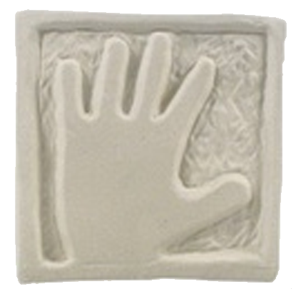 A white clay handprint tile with a textured background, ideal for casting or as a decorative ceramic piece.