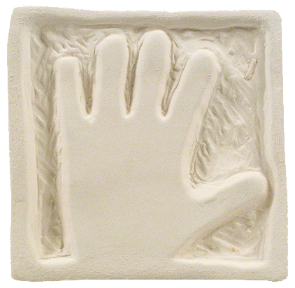 Handprint impression in raw clay, showcasing texture and detail for ceramic casting or decorative pottery projects.