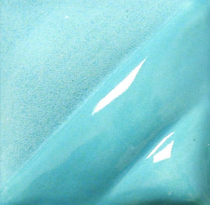 Teal glossy glaze sample showing smooth texture and vibrant color suitable for ceramics and pottery decorating.