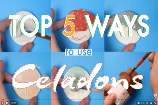 video-TTT Image showing hands painting ceramic pieces with celadon glazes, showcasing various techniques and designs.