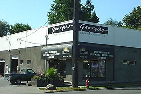 Georgies Ceramic & Clay Company storefront with signage, showcasing a wide range of ceramic supplies and tools.