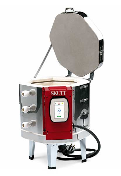 Skutt-kiln-KMT-714 Skutt pottery kiln with lid open, featuring digital controls and ventilation ports, ideal for firing ceramics and glazes.
