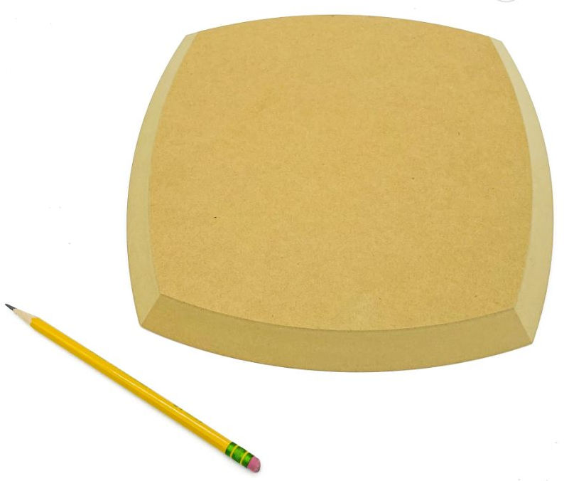 A square MDF cutting board with soft edges, accompanied by a yellow pencil for ceramic marking and design.