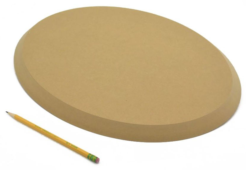 Oval MDF board with a pencil beside it, ideal for shaping and decorating ceramics in pottery studios.