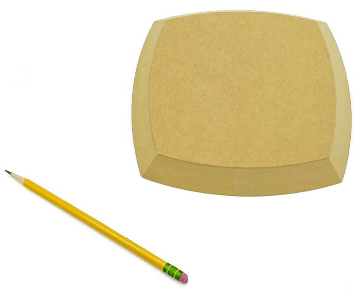 MDF template for ceramic slab, paired with a yellow pencil for sketching designs in pottery or sculpture.
