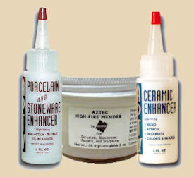 Three ceramic enhancer products: Porcelain and Stoneware Enhancer, Ceramic Enhancer, and Aztec High-Fire Mender, displayed upright.