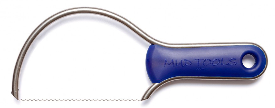 Mud Tools wire clay cutter with a stainless steel blade and blue ergonomic handle, ideal for shaping and trimming pottery.