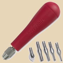 Red Speedball ceramic tool with interchangeable tips for decorating pottery, surrounded by five detailed tip attachments.