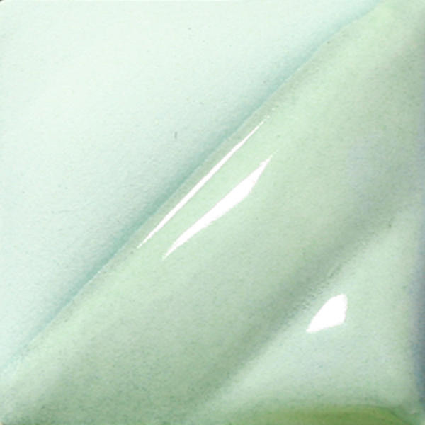Glossy celadon glaze sample with soft green hues, ideal for pottery and ceramic decoration. Suitable for mid-range firing.