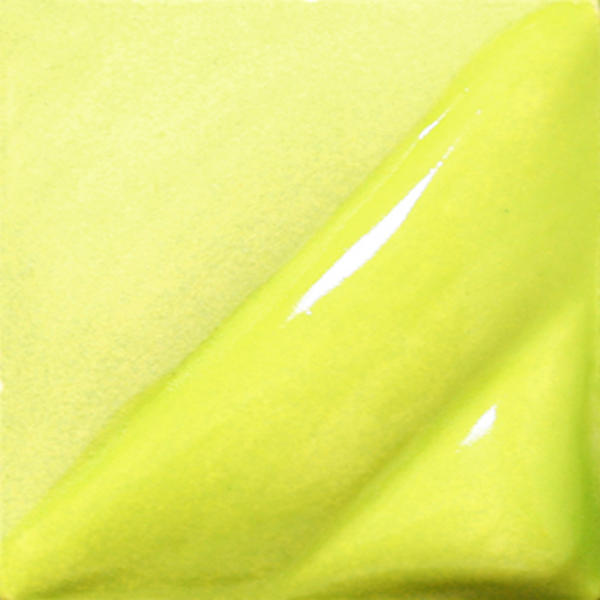 Glossy lime green ceramic glaze sample showcasing a smooth texture, ideal for pottery decoration and crafts.