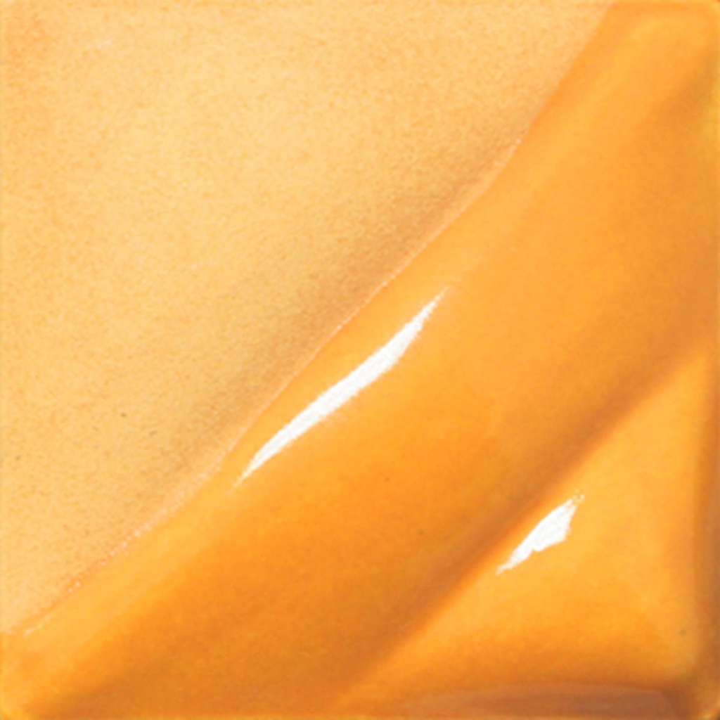Glossy yellow-orange ceramic glaze sample showcasing a smooth texture and rich color for pottery and sculpture decoration.