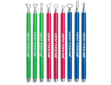 Xiem Tools ceramic sculpting tools in vibrant colors for detailing and shaping clay, featuring various loop and ball end designs.