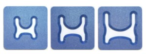 Three blue ceramic texture stamps with varying designs, used for creating patterns in clay or pottery.