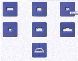 Various blue ceramic texture stamps arranged in a grid, used for decorating pottery and clay sculptures.