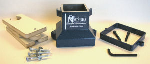 North Star clay extruder components including a rectangular base, wooden blocks, screws, and an Allen wrench for assembly.
