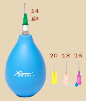 Blue Xiem Studio Tools squeeze bottle with a green 14 gauge tip, alongside color-coded tips labeled 16, 18, and 20 gauge.