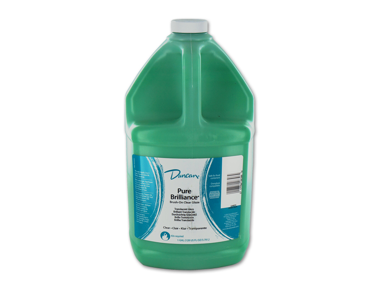 Gallon jug of Duncan Pure Brilliance Brush-On Clear Glaze, turquoise color, for finishing ceramics and pottery.