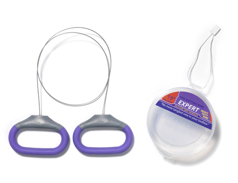 Ceramic tool set featuring a pottery wire cutter with purple handles and a container labeled Expert for ceramic use.