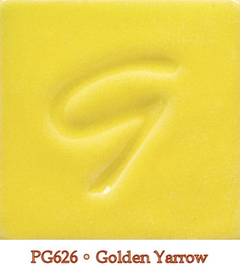Bright yellow color sample labeled PG626 Golden Yarrow, showcasing a smooth glaze finish ideal for pottery and ceramics.