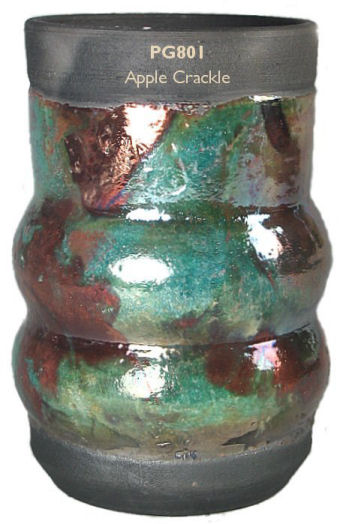 Handcrafted pottery piece glazed with PG801 Apple Crackle, showcasing vibrant greens and browns with a glossy finish.