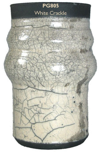 Ceramic vessel with white crackle glaze, labeled PG805, showcasing textured surface and unique glaze patterns.