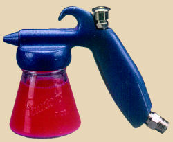 Spray gun for applying glazes, featuring a blue handle and clear red reservoir for ceramic decoration and finishing.