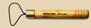 Pottery trimming tool featuring a wooden handle and a flexible wire loop, ideal for shaping and refining clay.
