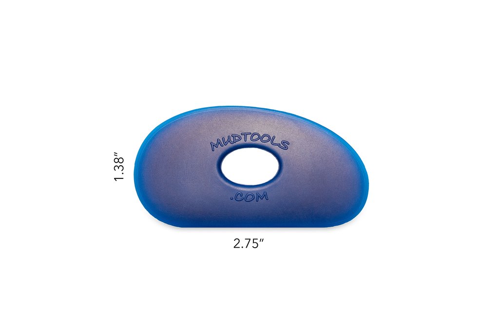 Blue Mudtools rib tool, shaped for smoothing clay surfaces in pottery, measuring 2.75 by 1.38, ideal for ceramic artists.
