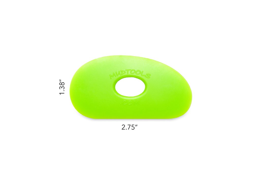 Green Mudtools rib for smoothing and shaping clay, measuring 2.75 by 1.38, ideal for ceramic sculpting and pottery.