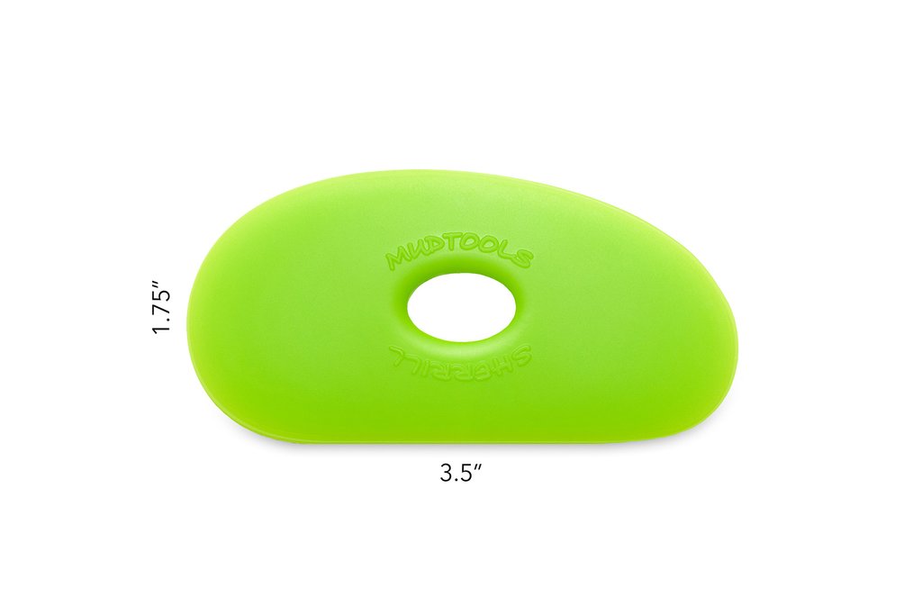 Green Mudtools sculpting tool, measuring 3.5x1.75, designed for precision detailing in pottery and clay work.