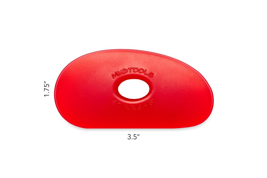 Red Mudtools rib used for shaping and smoothing clay in pottery, measuring 3.5 by 1.75. Ideal for various ceramic techniques.