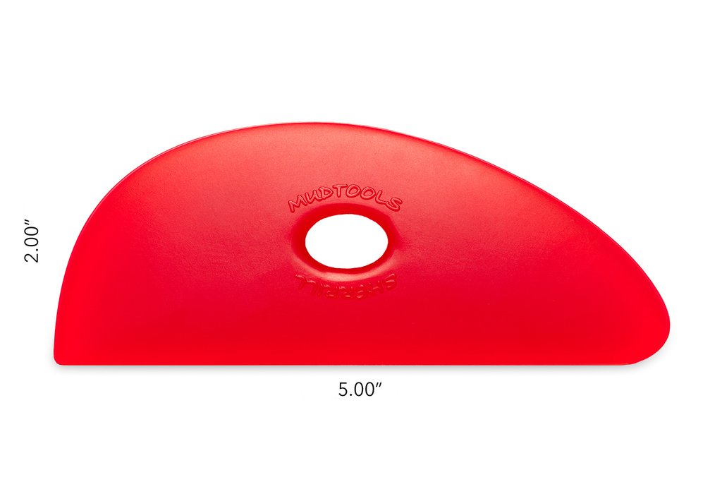 Red Mudtools rib tool, 5 inches by 2 inches, used for shaping and smoothing clay in pottery and sculpting.