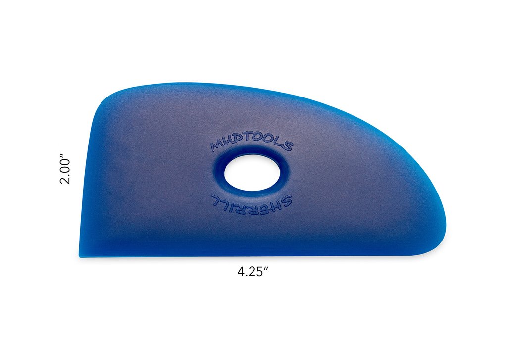 Blue Mudtools Sherrill scraping tool, measuring 4.25 x 2.00, designed for precise finishing in ceramics and pottery.