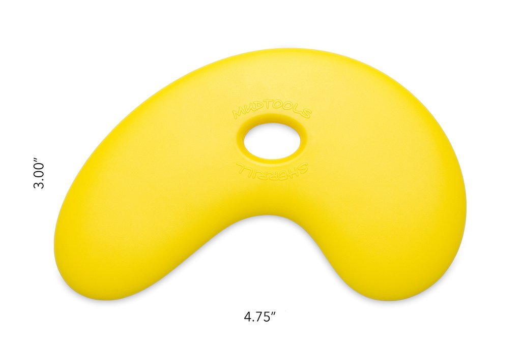 Yellow Mudtools pottery rib with ergonomic design, featuring a central hole for easy handling, ideal for shaping clay.