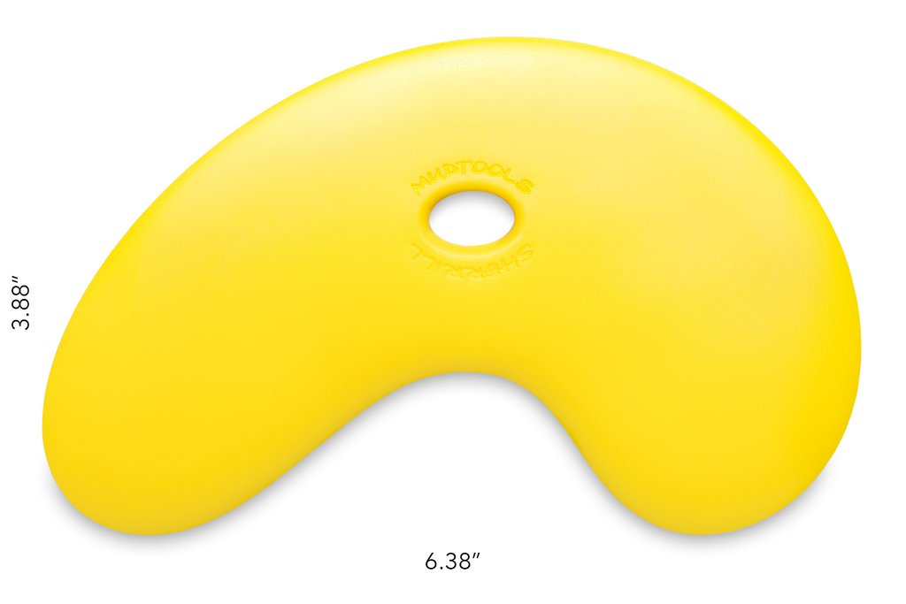 Yellow pottery trimming tool from Mudtools, shaped for easy handling, with dimensions marked for reference.