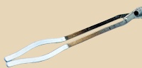 Ceramic tongs designed for handling hot pottery, featuring wood grips and a durable metal construction for safe use.