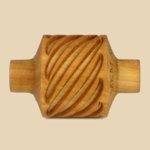 Wooden pottery tool with spiral design, used for texturing clay surfaces in ceramics and pottery decorating techniques.