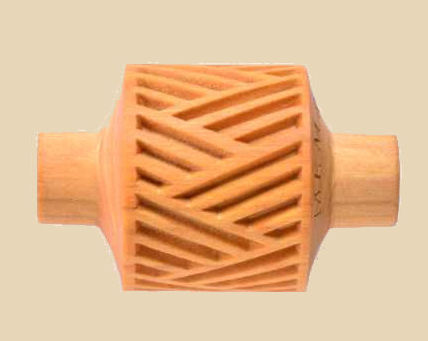 Terracotta textured rolling pin with geometric patterns, ideal for creating unique surface designs in clay for pottery.