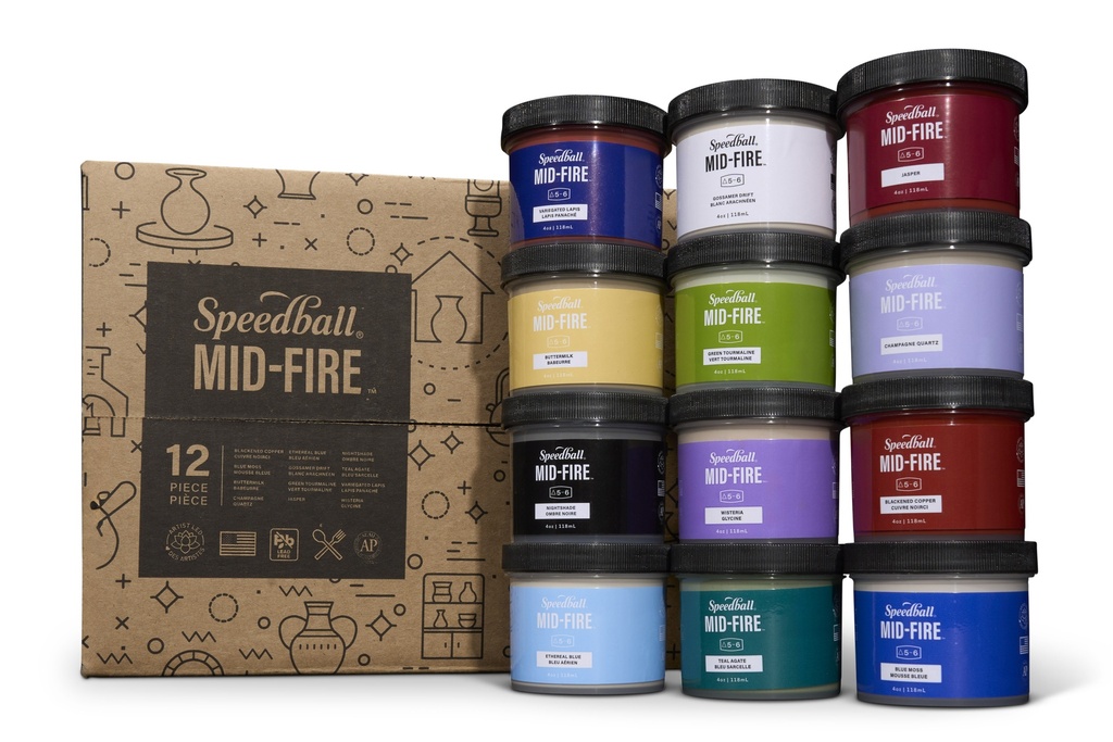 A stack of twelve jars of Speedball Mid-Fire glazes in various colors beside a decorative box labeled Speedball Mid-Fire.