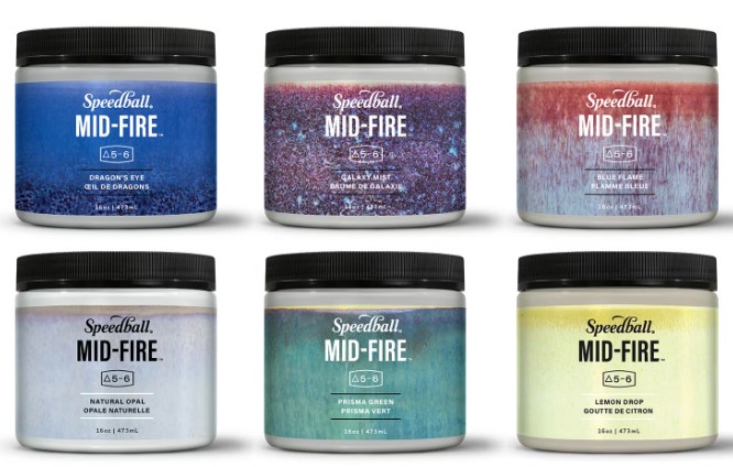 Six jars of Speedball Mid-Fire glazes in various colors: Dragon's Eye, Galaxy Mint, Blue Flame, Natural Opal, Prisma Green, and Lemon Drop.