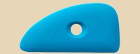 Blue rubber rib tool for shaping and smoothing clay in pottery, featuring a hole for easy handling in ceramic projects.