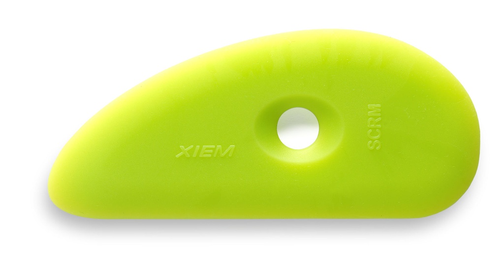 Bright green XIEM rib tool designed for smoothing and shaping clay in pottery, featuring a circular hole for grip.
