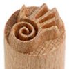 Wooden pottery tool with a spiral and leaf design, used for decorating clay surfaces in ceramics projects.