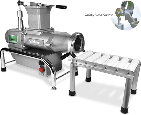 Nidec clay extruder with safety limit switch and roller table for shaping and molding clay in ceramics studio.