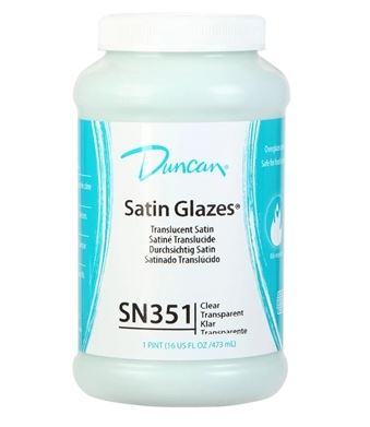 Duncan Satin Glazes SN351, a clear translucent glaze in a 16 oz jar, suitable for finishing pottery and ceramics.