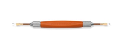 Detail of a Kemper knife tool with an orange handle, used for trimming and refining pottery and clay sculptures.