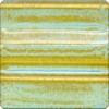Glazed ceramic tile featuring soft blue and golden striped patterns, showcasing decorative glazing techniques for pottery.